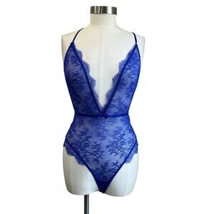 Victoria’s Secret Lace Deep V Sheer Floral Mesh One Piece Bodysuit Lingerie S